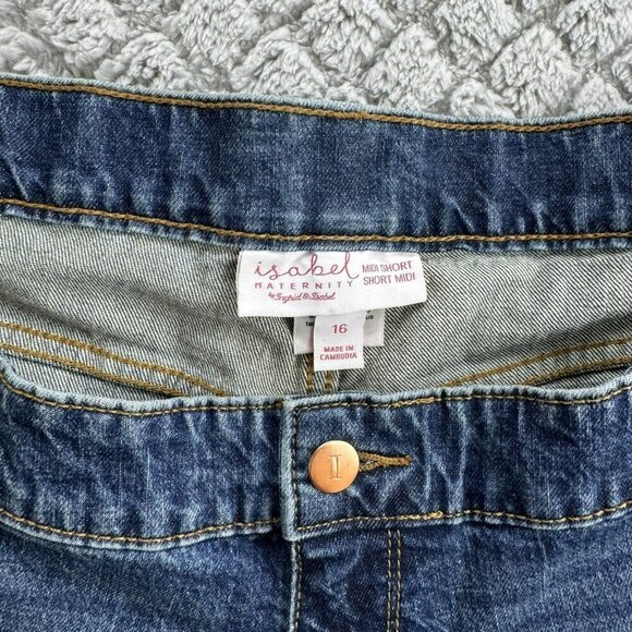 Isabel Maternity Blue Denim Mid-Shorts With Expandable Side Panels Size 16 - Picture 3 of 7